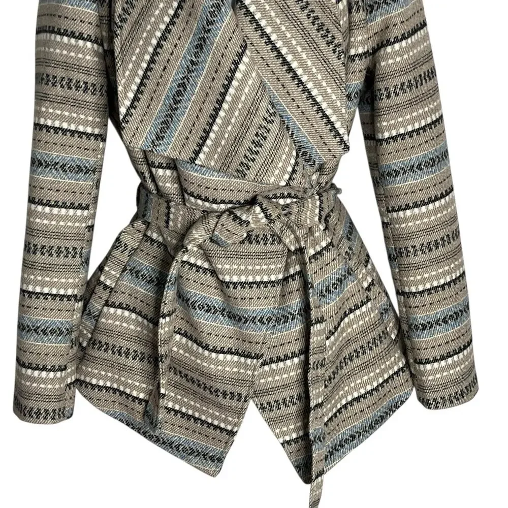 Jack BB Dakota Wrap Coat Jacket Women's S Blanket Belted Pockets Tan Blue Aztec